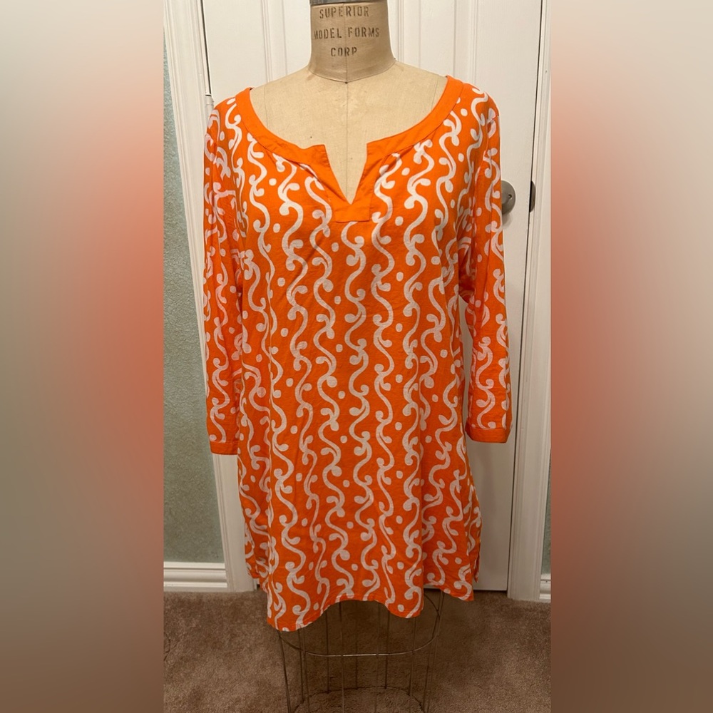 Old Navy Orange and White Woodblock Print Cotton Tunic, Beach Cover-up
